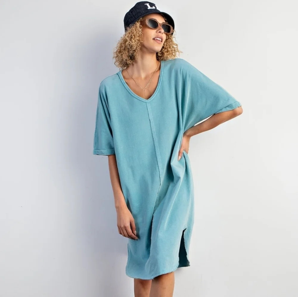 Easel Blue Mineral Washed Terry Knit Tunic T-Shirt Dress New